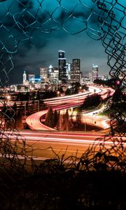 Preview wallpaper city, night, lights, view, fence, dark