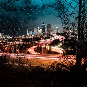 Preview wallpaper city, night, lights, view, fence, dark