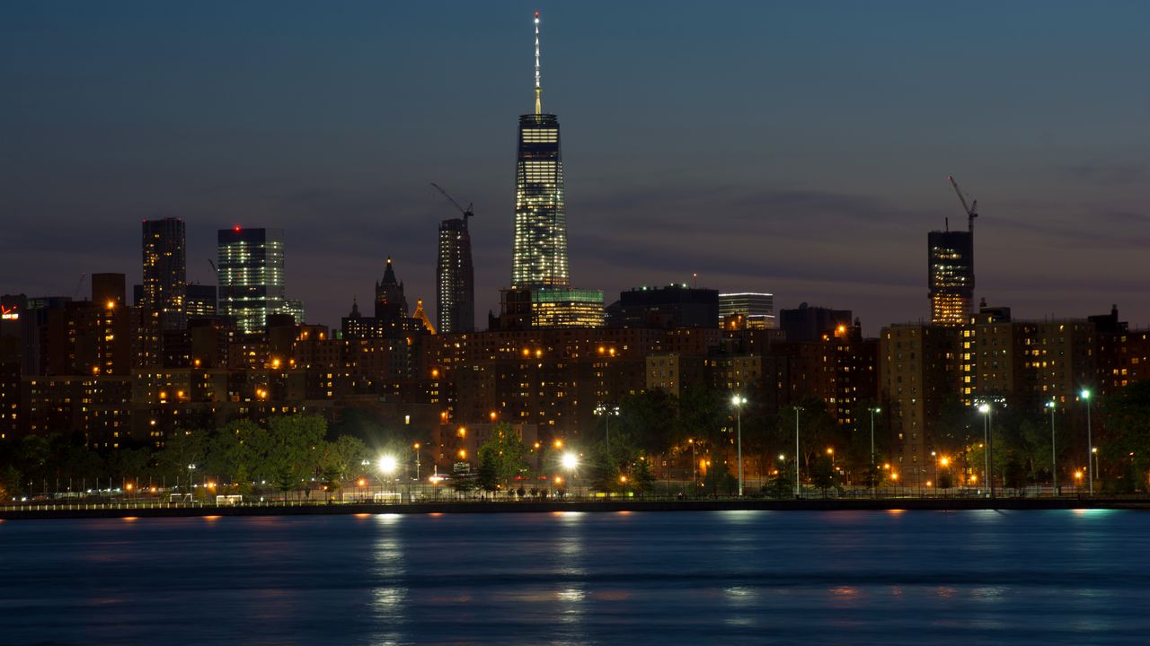 Wallpaper city, night, lights, river, coast