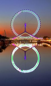 Preview wallpaper city, night, lights, wheel, house, river, reflection