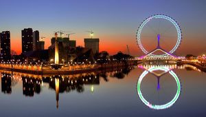 Preview wallpaper city, night, lights, wheel, house, river, reflection