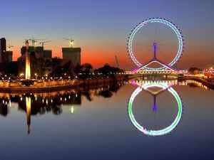 Preview wallpaper city, night, lights, wheel, house, river, reflection