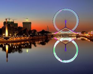 Preview wallpaper city, night, lights, wheel, house, river, reflection