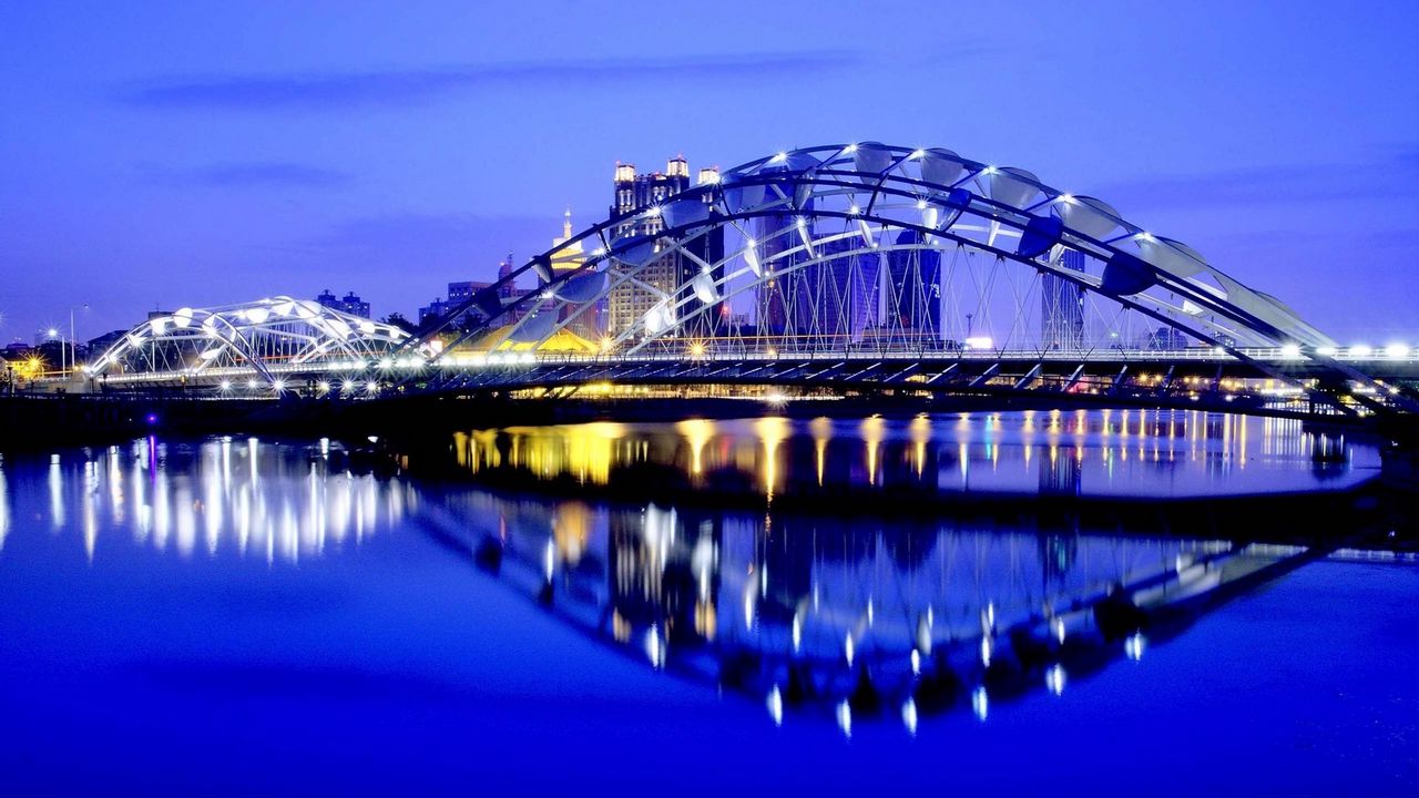 Wallpaper city, night, lights, bridge, reflection