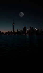 Preview wallpaper city, night, moon, buildings, water, dark