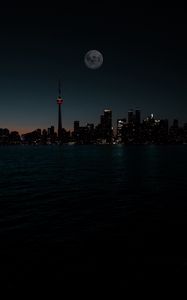 Preview wallpaper city, night, moon, buildings, water, dark
