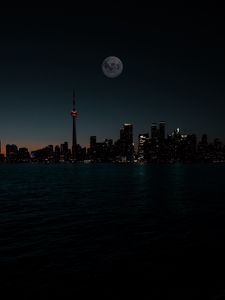 Preview wallpaper city, night, moon, buildings, water, dark