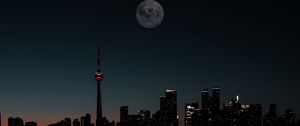 Preview wallpaper city, night, moon, buildings, water, dark