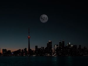 Preview wallpaper city, night, moon, buildings, water, dark