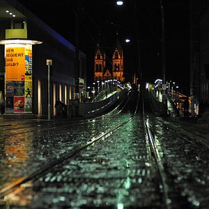 Preview wallpaper city, night, railways, bridges, buildings