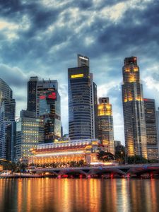 Preview wallpaper city, night, river, beach, skyscrapers, hdr