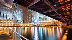 Preview wallpaper city, night, river, bridge, reflection, hdr