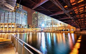 Preview wallpaper city, night, river, bridge, reflection, hdr