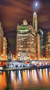 Preview wallpaper city, night, river, building, skyscraper, hdr