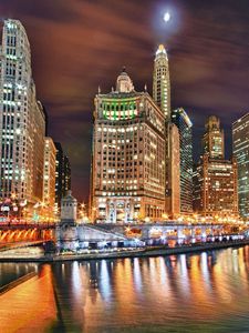 Preview wallpaper city, night, river, building, skyscraper, hdr