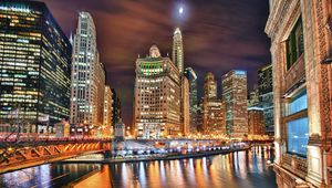 Preview wallpaper city, night, river, building, skyscraper, hdr