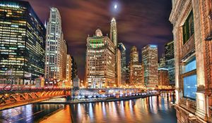 Preview wallpaper city, night, river, building, skyscraper, hdr