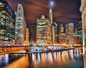 Preview wallpaper city, night, river, building, skyscraper, hdr