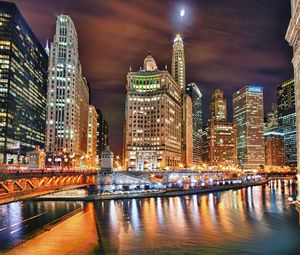 Preview wallpaper city, night, river, building, skyscraper, hdr