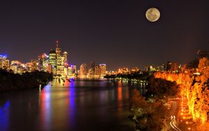 Preview wallpaper city, night, river, lights, skyscrapers