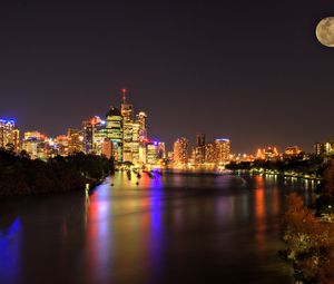 Preview wallpaper city, night, river, lights, skyscrapers