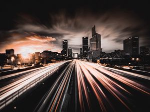 Preview wallpaper city, night, road, traffic, buildings