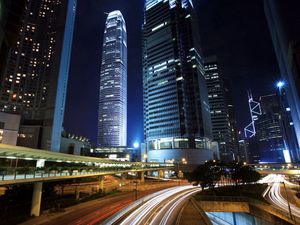 Preview wallpaper city, night, road, skyscrapers