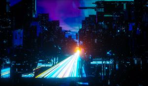 Preview wallpaper city, night, sci fi, neon, bridge, mega structures