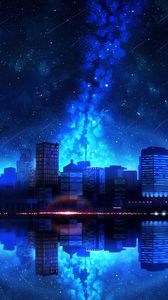 Preview wallpaper city, night, starry sky, water, reflection