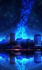Preview wallpaper city, night, starry sky, water, reflection
