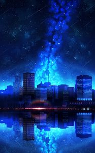 Preview wallpaper city, night, starry sky, water, reflection