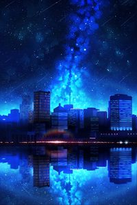 Preview wallpaper city, night, starry sky, water, reflection