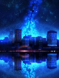 Preview wallpaper city, night, starry sky, water, reflection
