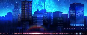 Preview wallpaper city, night, starry sky, water, reflection