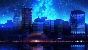 Preview wallpaper city, night, starry sky, water, reflection