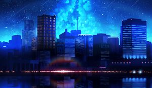 Preview wallpaper city, night, starry sky, water, reflection