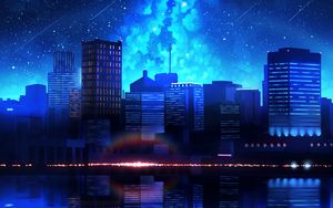 Preview wallpaper city, night, starry sky, water, reflection