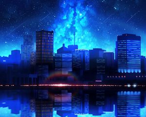 Preview wallpaper city, night, starry sky, water, reflection