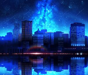 Preview wallpaper city, night, starry sky, water, reflection
