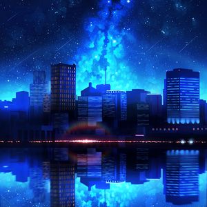 Preview wallpaper city, night, starry sky, water, reflection