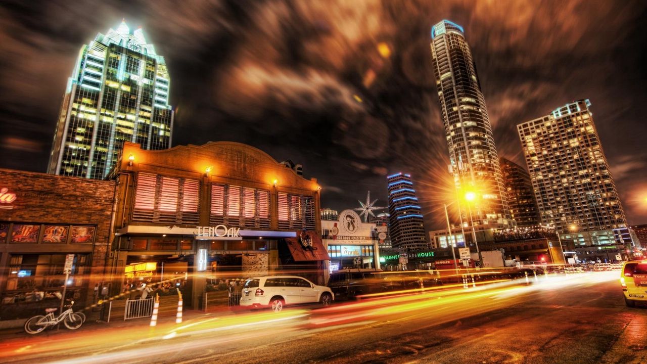 Wallpaper city, night, street, building, car, hdr