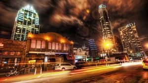 Preview wallpaper city, night, street, building, car, hdr