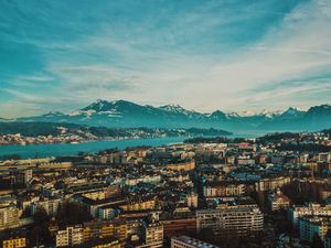 Preview wallpaper city, overview, mountains, buildings, lucerne, switzerland