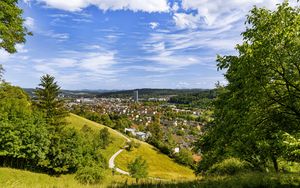 Preview wallpaper city, panorama, hills, trees, forest, sky, clouds