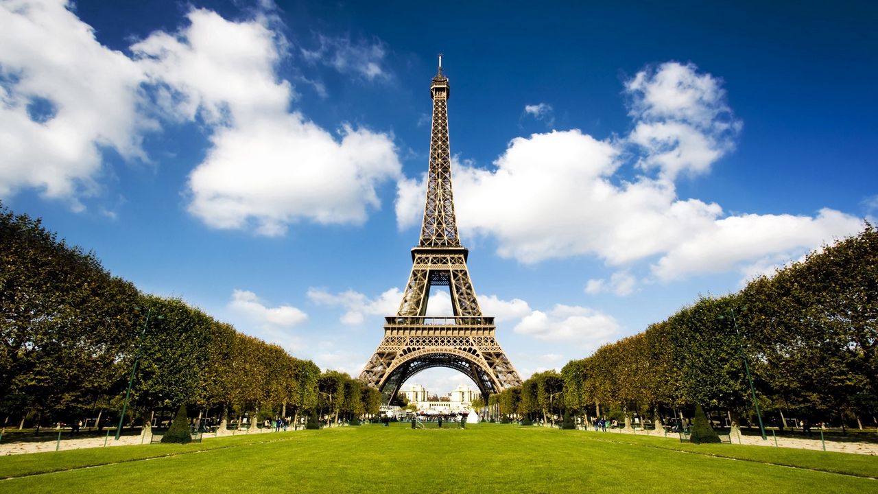 Wallpaper city, paris, france, tower, grass, sky