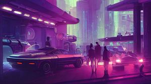 Download wallpaper 1366x768 city, car, bridge, futurism, cyberpunk, sci-fi  tablet, laptop hd background