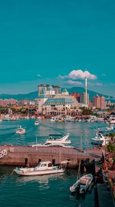 Preview wallpaper city, port, boats, water, buildings, mountains