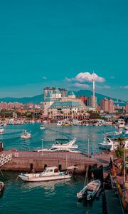 Preview wallpaper city, port, boats, water, buildings, mountains