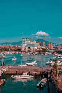 Preview wallpaper city, port, boats, water, buildings, mountains