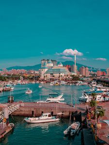 Preview wallpaper city, port, boats, water, buildings, mountains